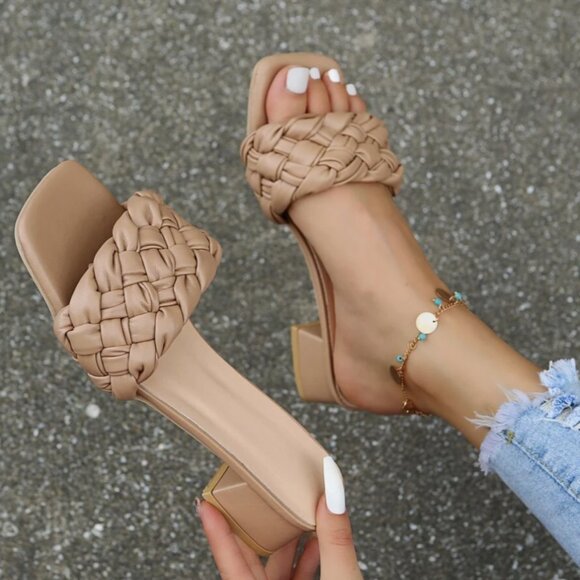 Shoes - Nude Apricot Braided Design Chunky Mules Open Toe Sandals Women's Size 8.5